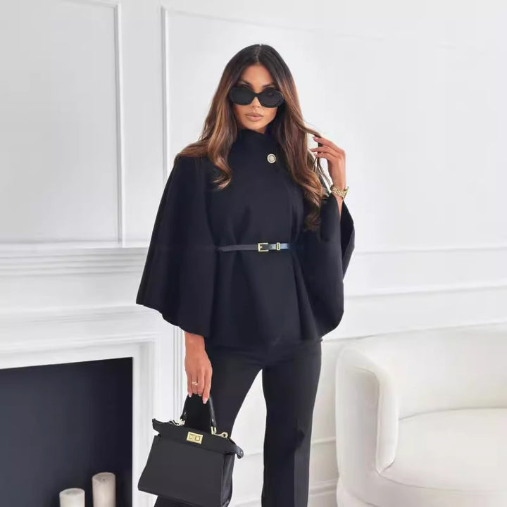 Dame elegant og stilfuld kort bluse med bælte og poncho-design Stilla