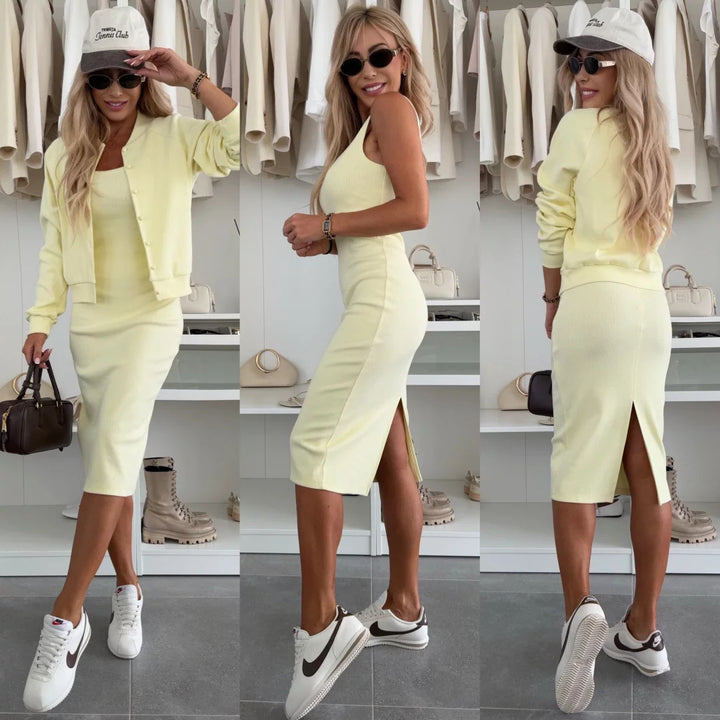 Kvinders sporty kjole med matchende cardigan og elastisk talje snor