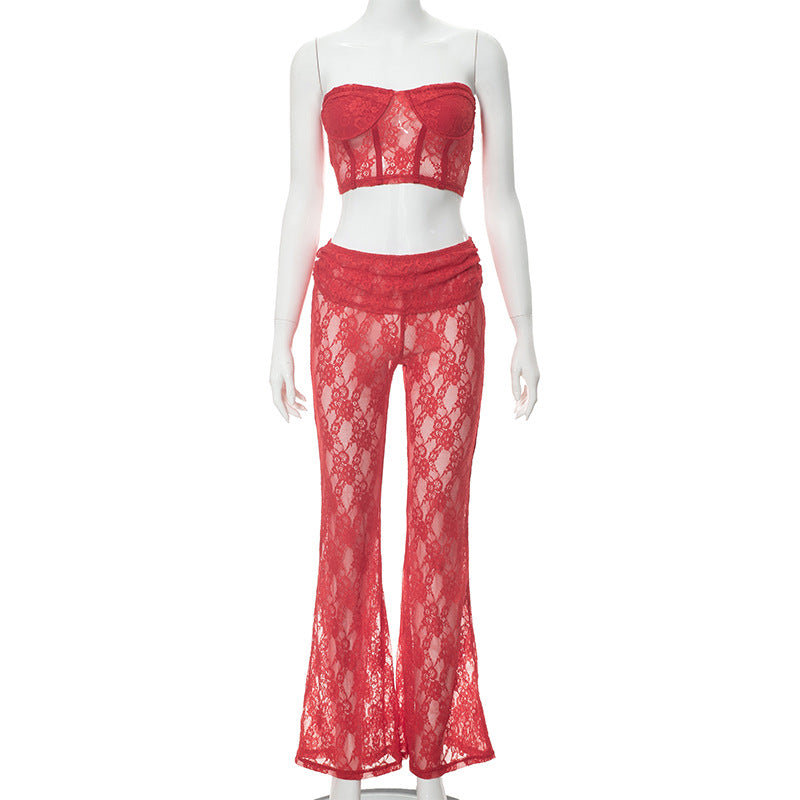 Dame spids-crop-top og afslappede flare-bukser sæt Stilla