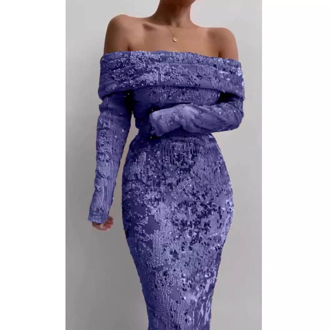 Kvindernes glamourøse aften kjole med glitrende perler og off-shoulder detalje