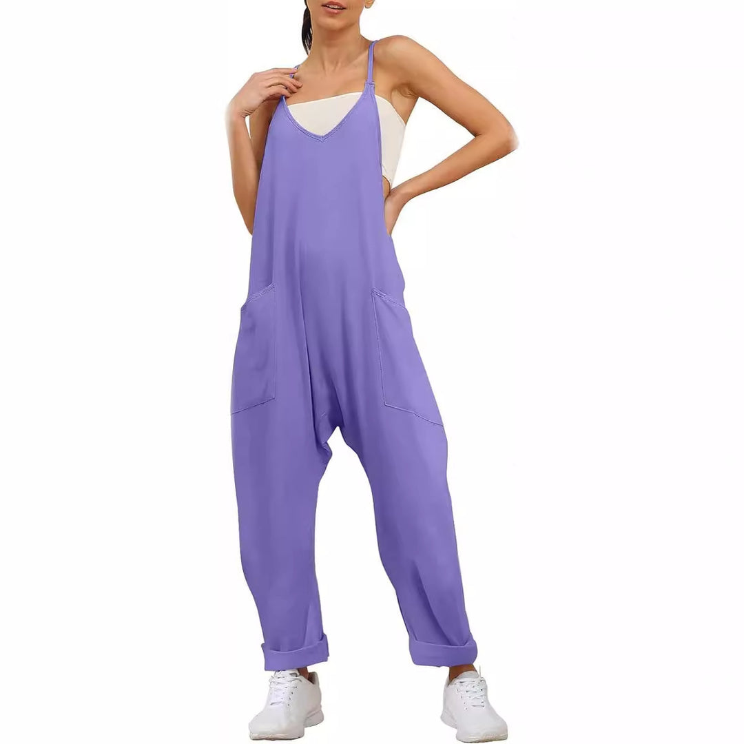 Dame Afslappet Jumpsuit med dyb udskæring og praktiske lommer Stilla