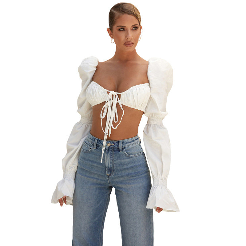 Dame Cropped Bluse med Puffærmer og Rynk Stilla