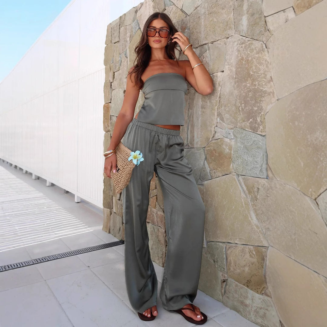 Dame Elegant Strapless Crop Top og Flydende Stumpebukser-Sæt Stilla