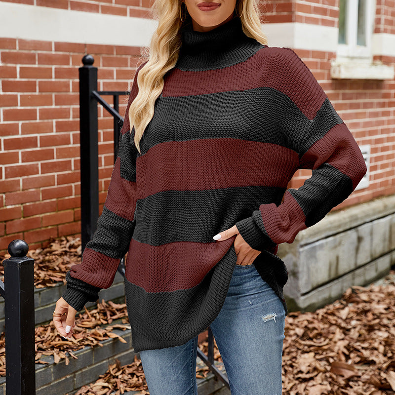 Dame Oversized Strikpullover med Høj Krave og Moderne Strømmønster Stilla
