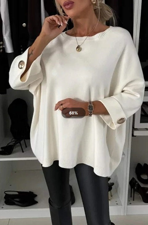 Kvinder Elegant Strik Sweater med Bred Skæring Ærmer og Knap Detaljer Stilla