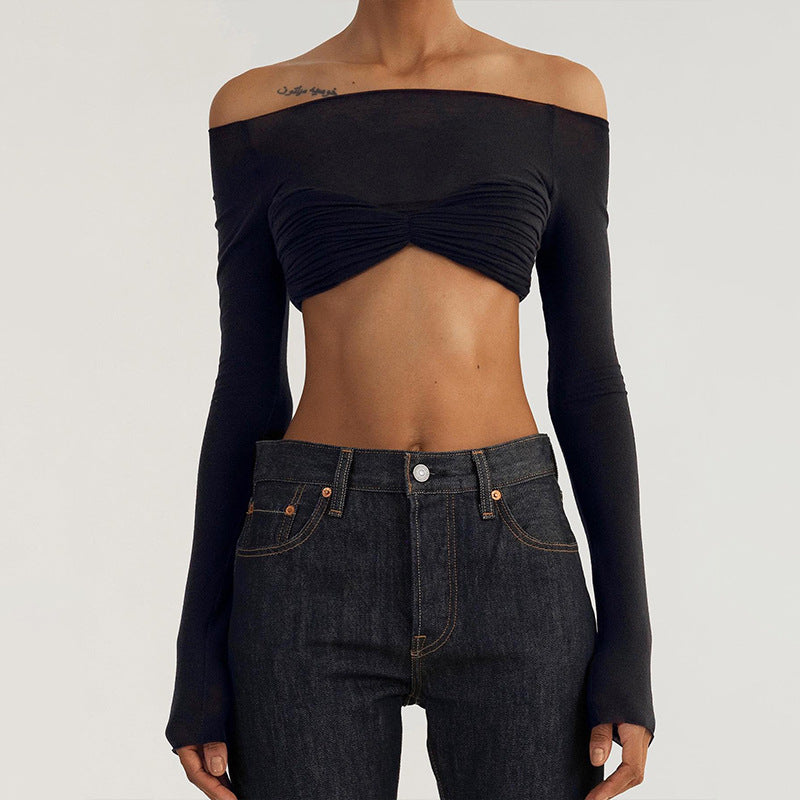 Dame Off-Shoulder Top med rynket brystparti og lange ærmer Stilla