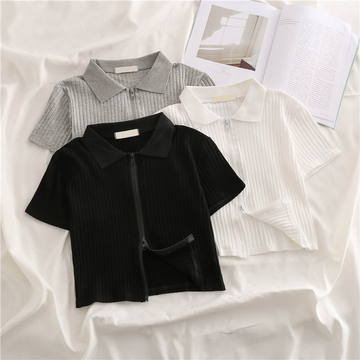Femme Lynlås Rib-Crop-Polo-Top Stilla