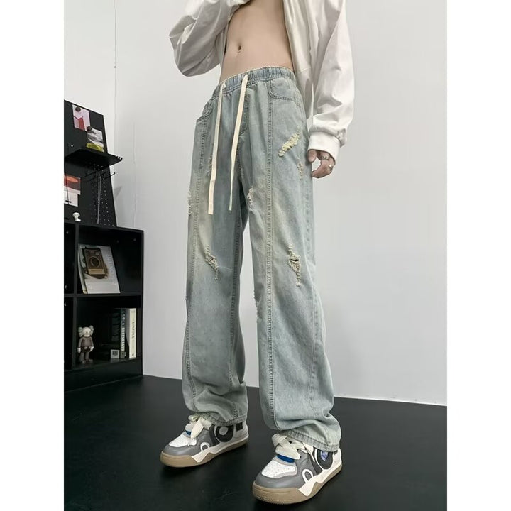 Herren Vintage-Style Baggy-Jeans med Ødelæggelses-effekter og elastisk Talje Stilla