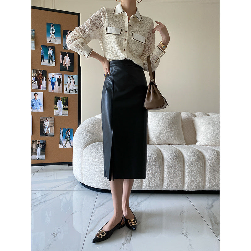 Kvindernes elegante bluse i blonder med kontrastdetaljer Stilla