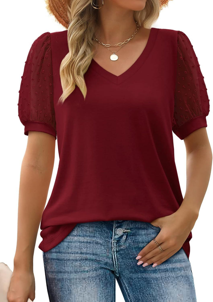 Dame Elegant V-udskæring Top med transparente Puffærmer Stilla