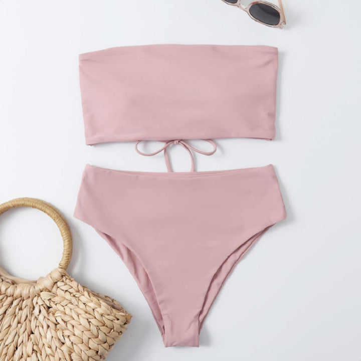 Dame bandeau bikini sæt med høj talje og raffineret bindedetalje Skovae