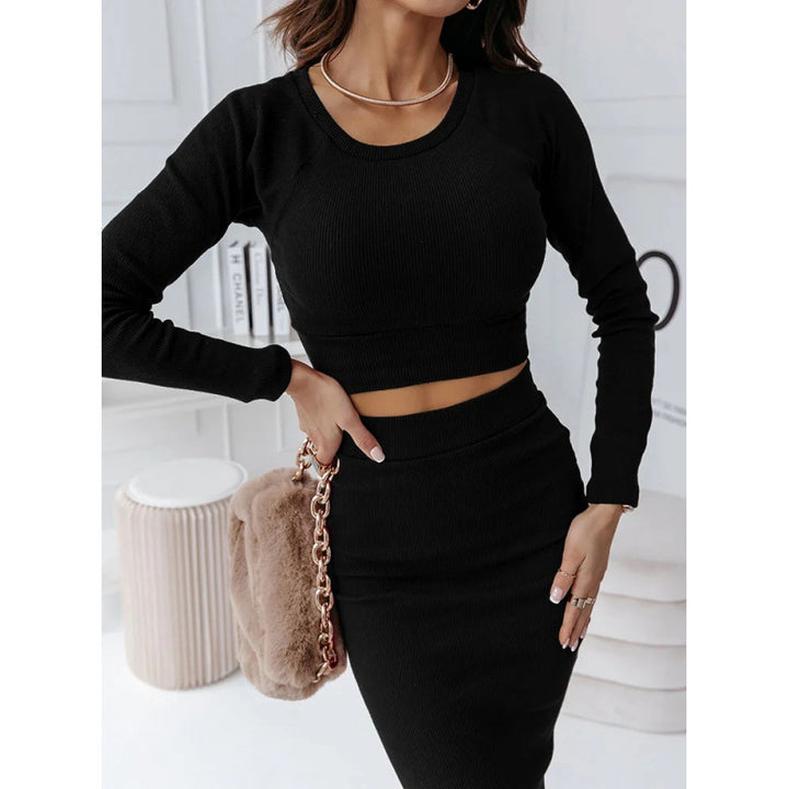 Dame Ripp Langærmet Crop Top og Midikjole Sæt Stilla