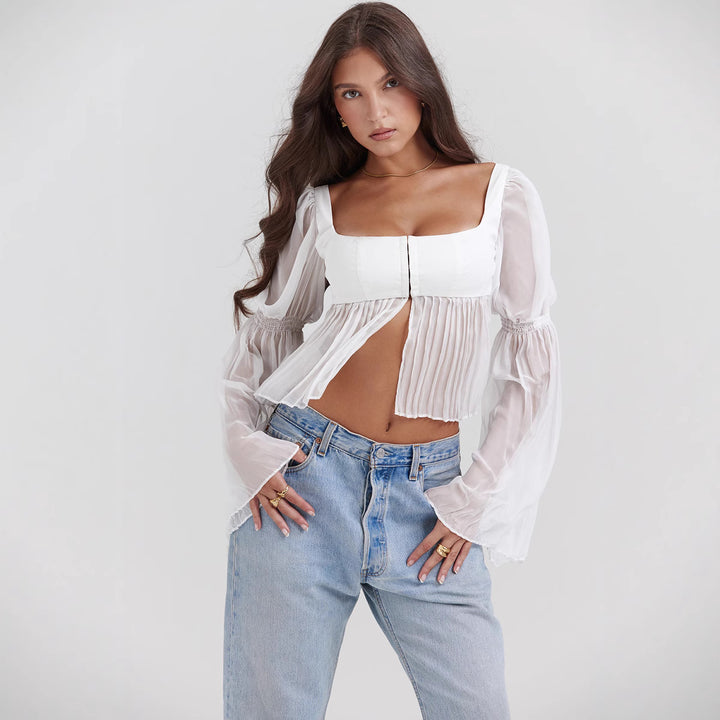 Dame Crop Bluse med Puffærmer Skovae