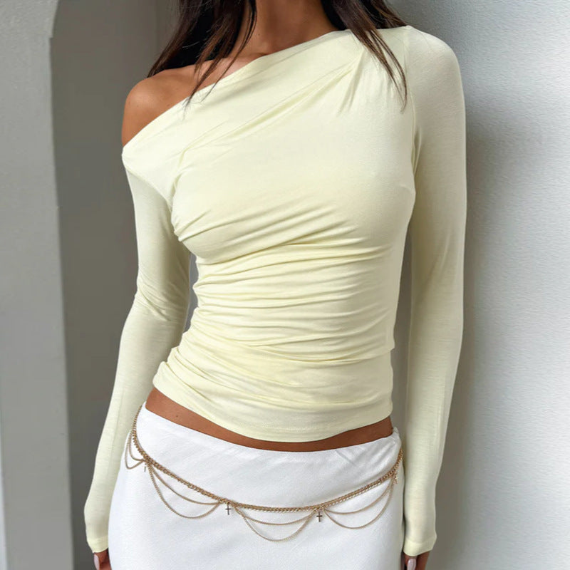 Dame Langærmet Crop Top med asymmetrisk uddybning og rynkning Skovae