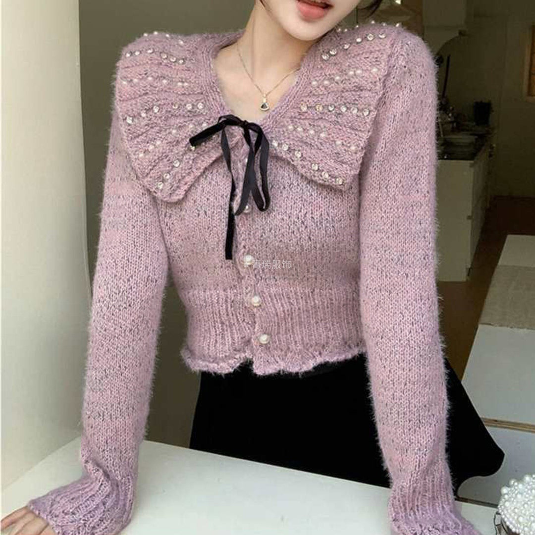 Damer Elegant Strik Top med Ruflet Krave og Dekorative Perler Stilla