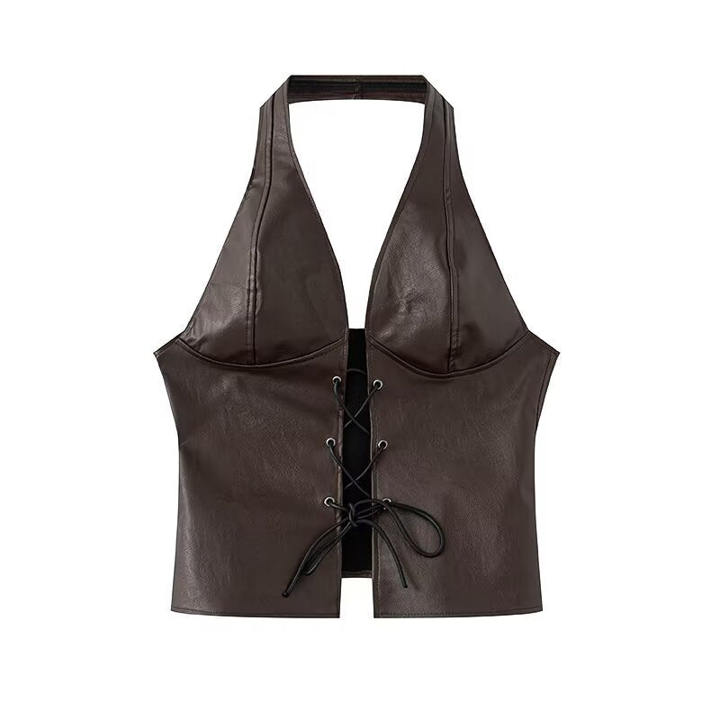 Dame Halter Neck Faux Leather Crop Top med snørredetail Stilla