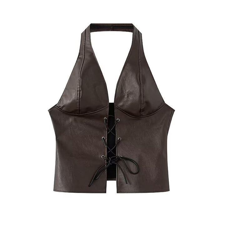 Dame Halter Neck Faux Leather Crop Top med snørredetail Stilla