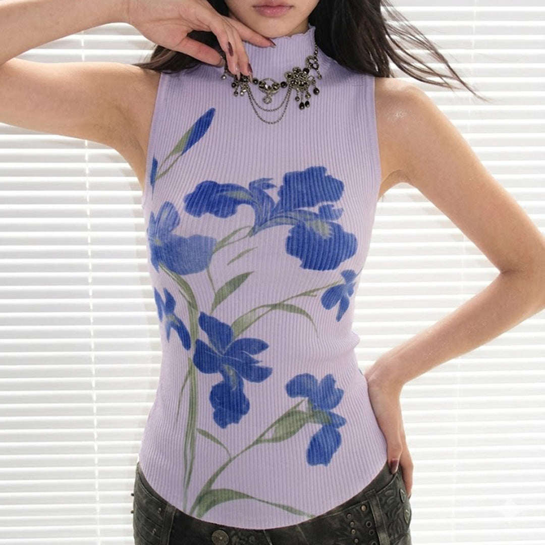 Dame ærmeløs top med floralsk print og elegant ståkrave Skovae