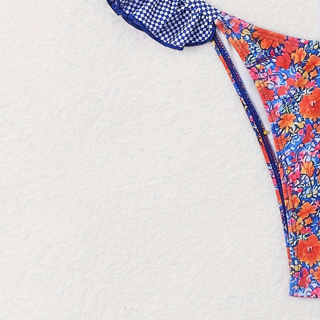 Dame bikinisæt med filigran ruffle detaljer og farverigt blomstermotiv Stilla