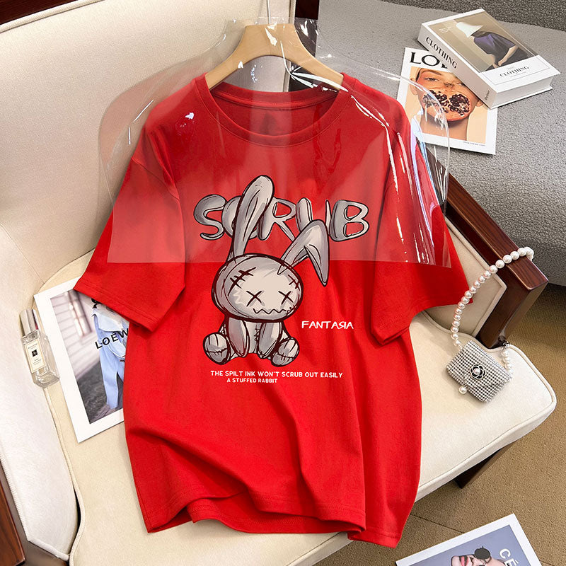 Dame T-shirt med kreativt kaninmotiv og afslappet skrift Stilla