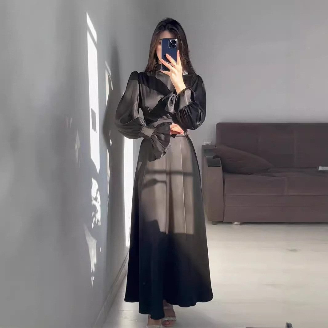 Dame elegant langærmet kjole med flot rufflesdetalje og taljeindsats Stilla