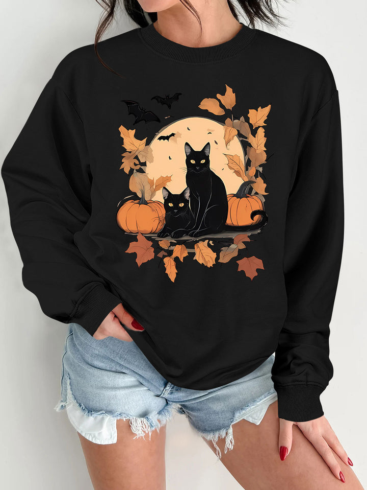 Dame sweatshirt med efterårs kat og græskar design Stilla