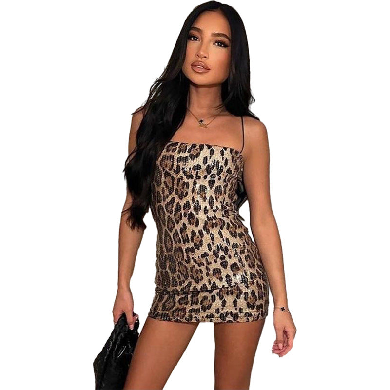 Dame Glitrende Minikjole med Leopardmønster og Spaghetti-stropper Skovae