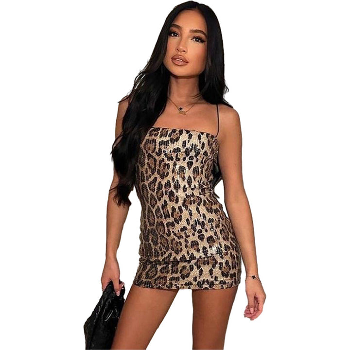 Dame Glitrende Minikjole med Leopardmønster og Spaghetti-stropper Skovae