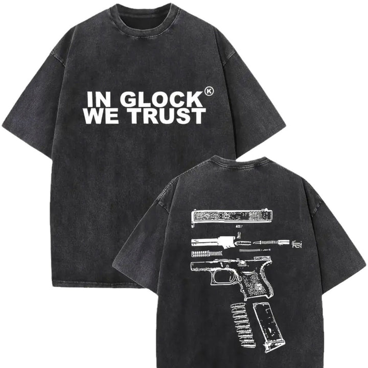 Dame T-shirt med grafisk gun-design og vintage-effekt Stilla