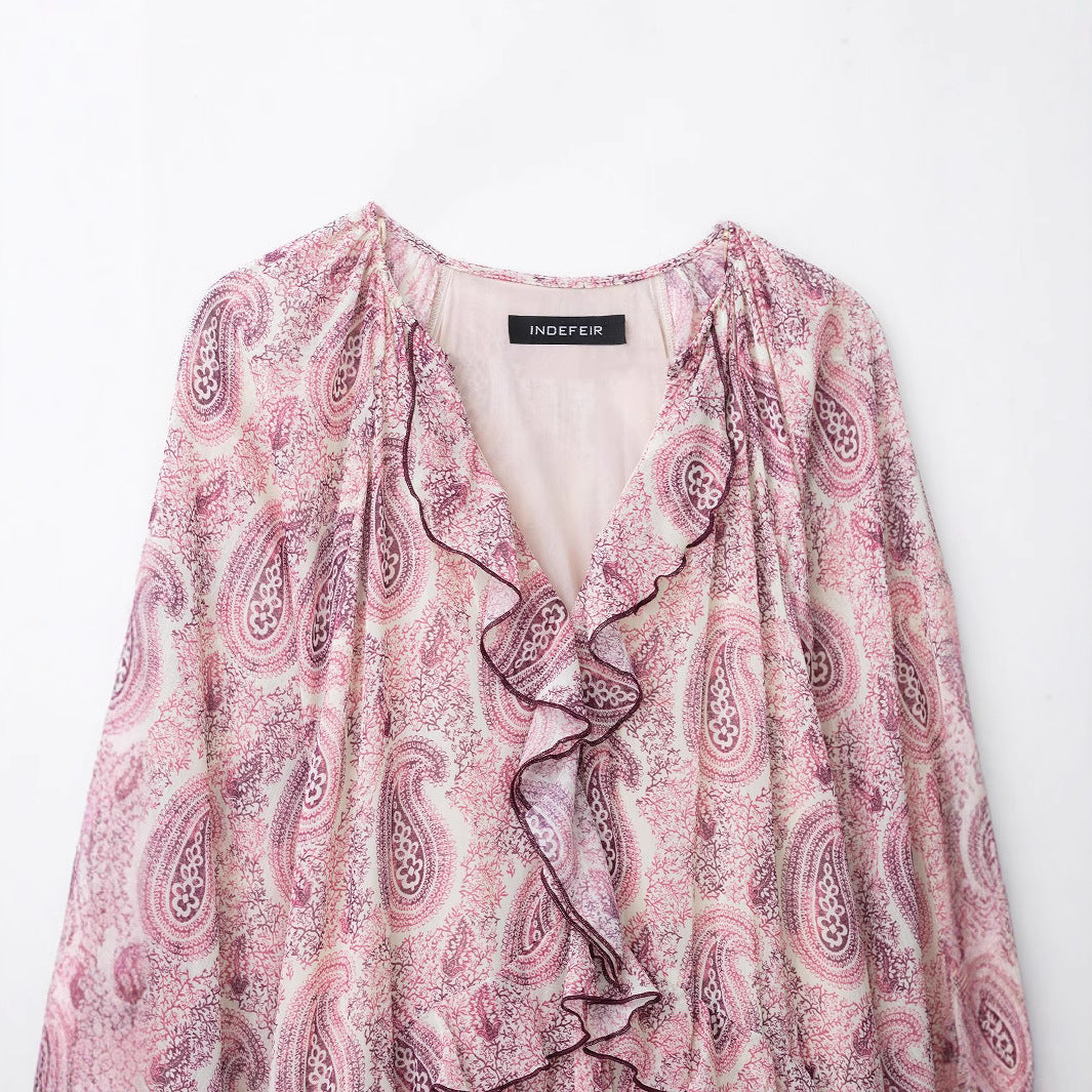 Femme Rynk Paisley Maxi Kjole med lange ærmer Stilla