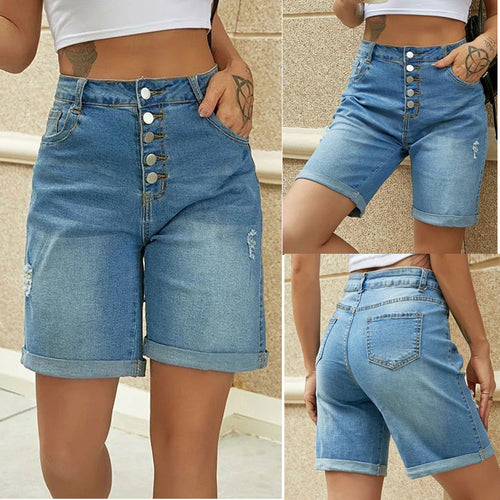Dame denim-shorts i knælangt design med knaplukning og afslappede frynser Stilla