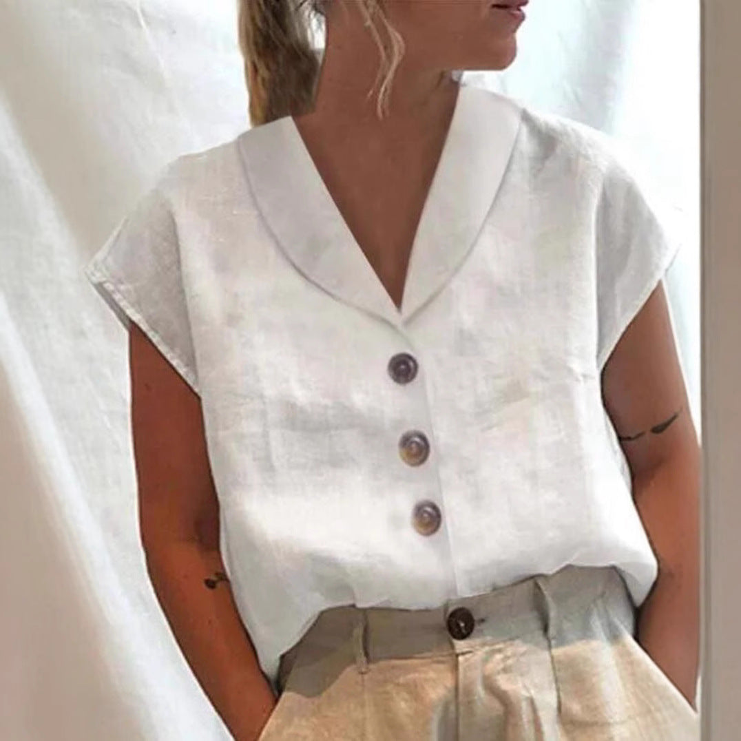 Dame let linned top med elegant knaplukning Stilla