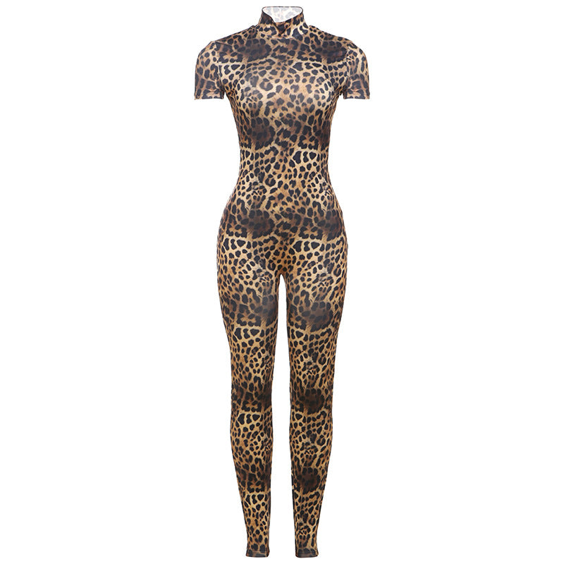 Dame Cat Suit med leopardmønster og højhalset krave Stilla