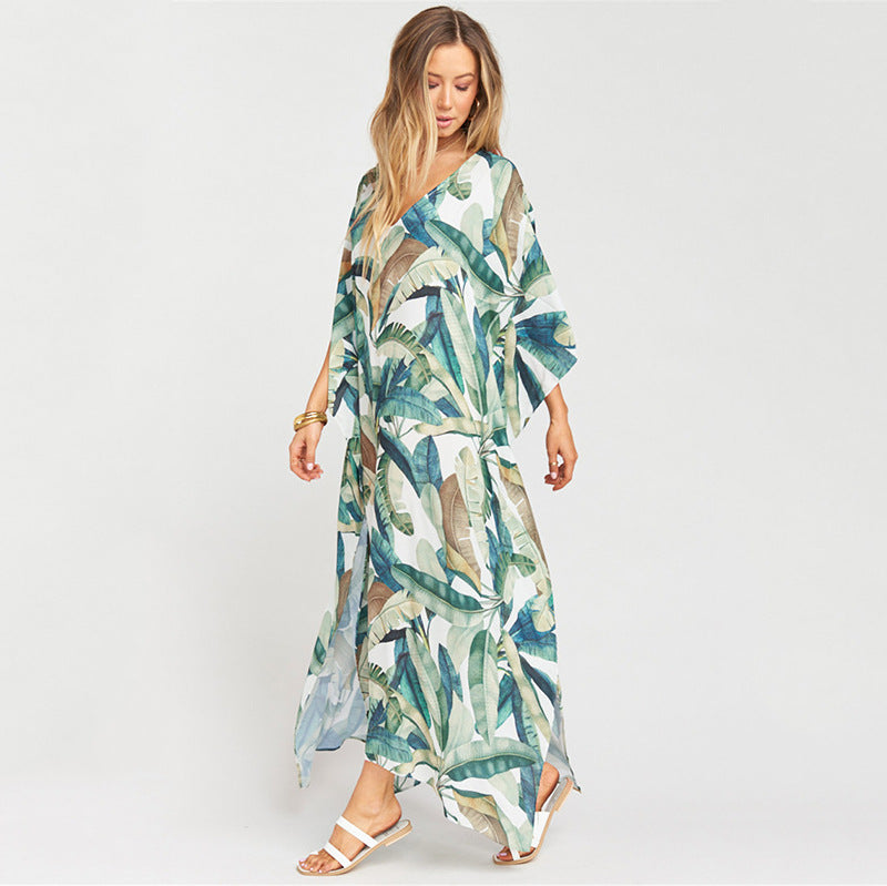 Dame Strandkaftan med blomsterbladmønster og elegant snit Stilla