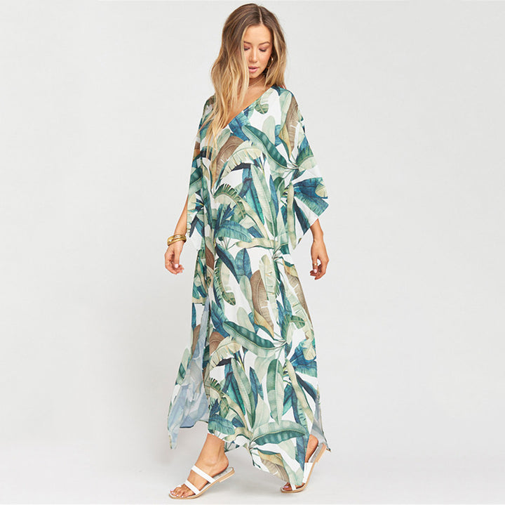 Dame Strandkaftan med blomsterbladmønster og elegant snit Stilla