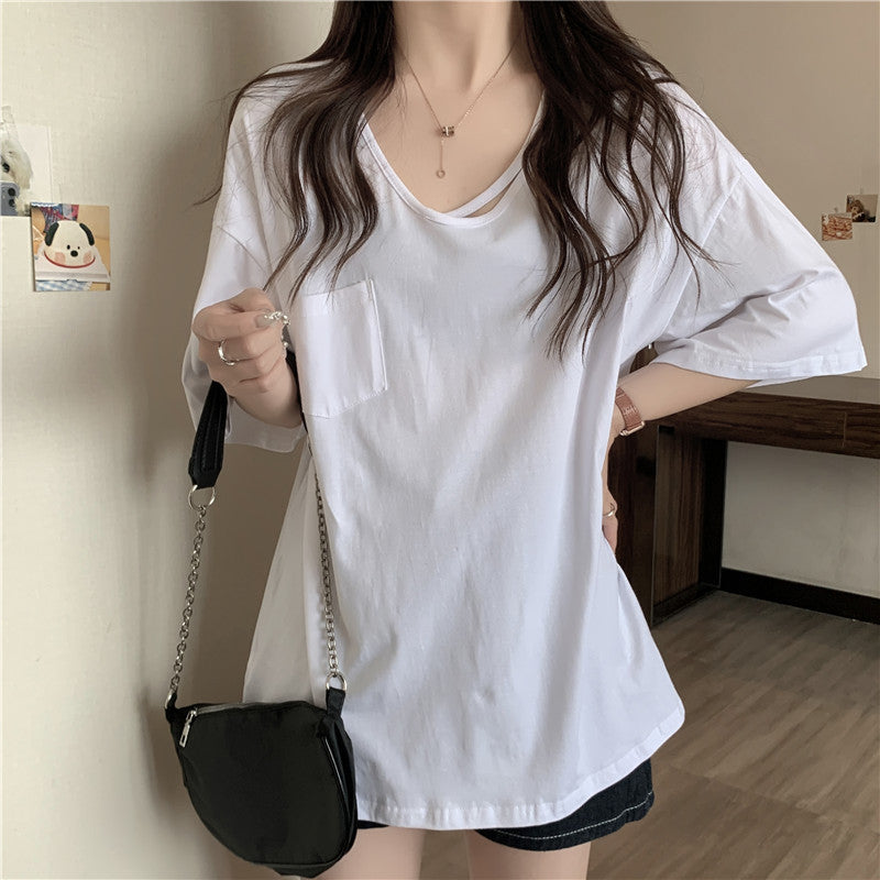 Femme afslappet oversized V-hals T-shirt med lomme Stilla
