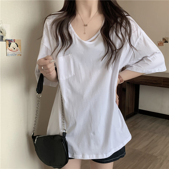 Femme afslappet oversized V-hals T-shirt med lomme Stilla