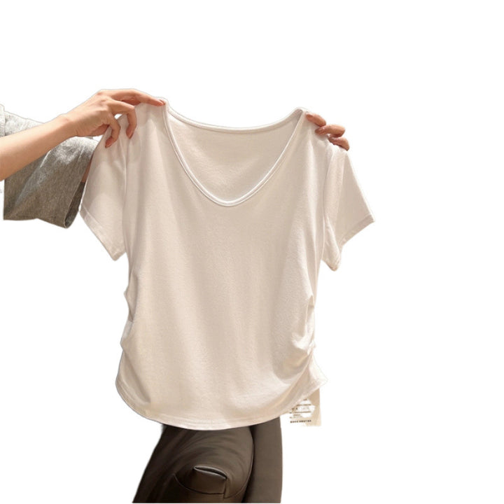 Femme Blødt V-hals Fritids T-shirt med rynkede sider Stilla