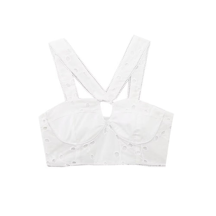 Dame Brokat-Crop-Top med elegant udfletning og dekorerede stropper Skovae