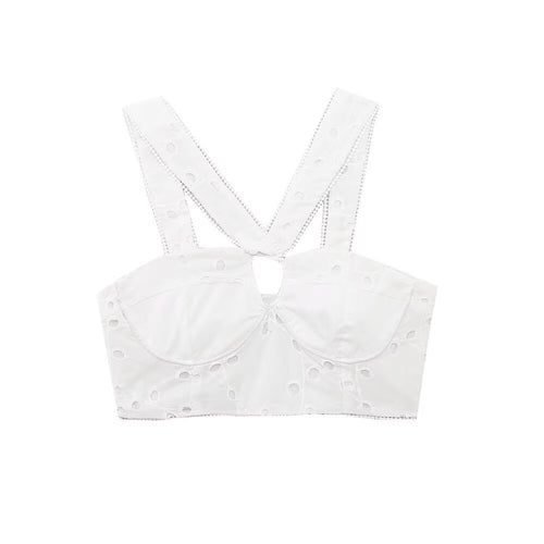 Dame Brokat-Crop-Top med elegant udfletning og dekorerede stropper Skovae