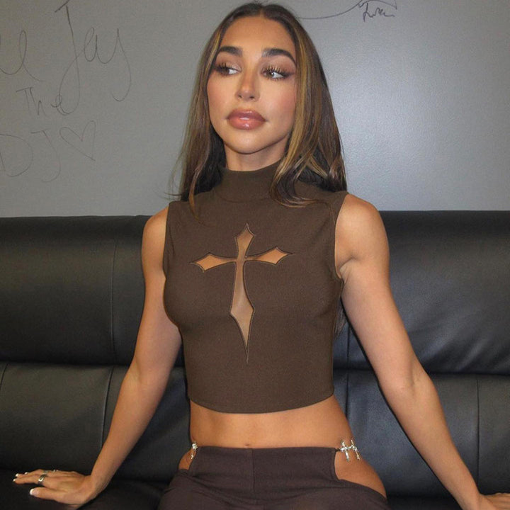 Dame Højhals Crop Top med Kryds-Design Stilla