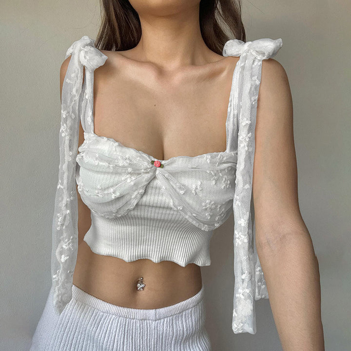 Dame Bustier top med transparente ruffles detaljer og sløjfer Stilla