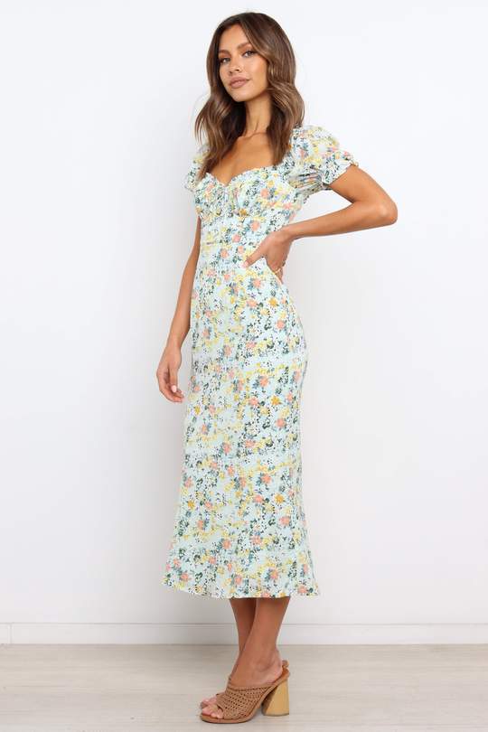 Dame Floral Midi Kjole med Puffærmedetalje Stilla