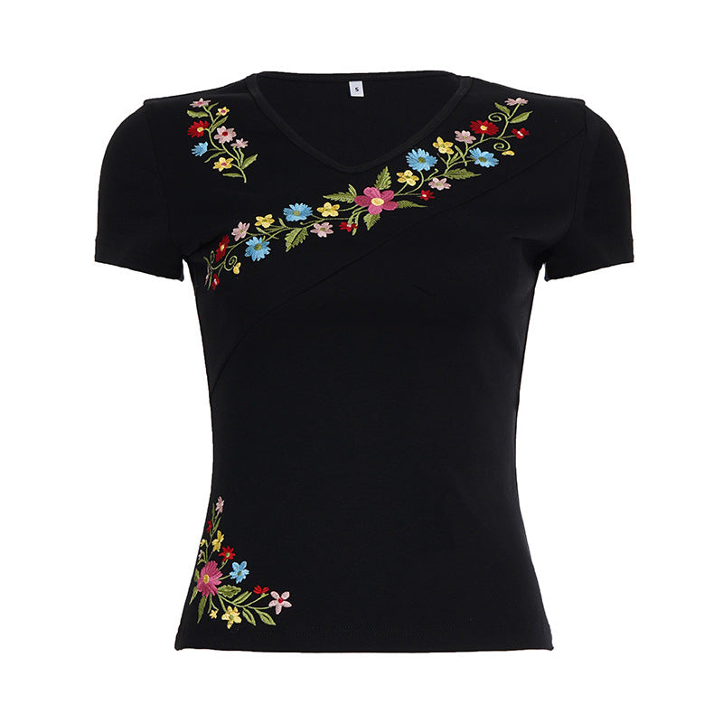 Damer V-hals T-shirt med blomsterbroderi og tætsiddende pasform Skovae