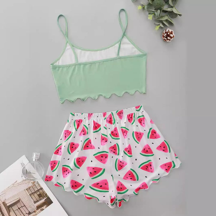 Dame sommerligt crop-top og shorts sæt med vandmelon motiv Stilla