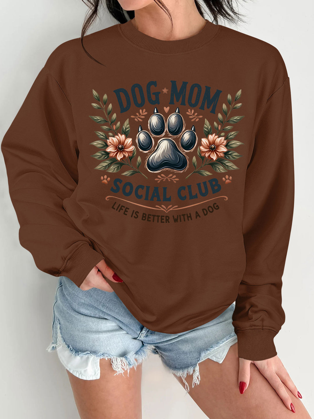 Kvindernes sweatshirt med trendy hundemotiv og forbedret print Stilla