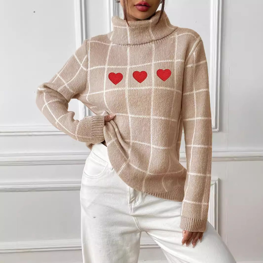 Damer rullekrave sweater med hjerte motiv og ternet design Stilla
