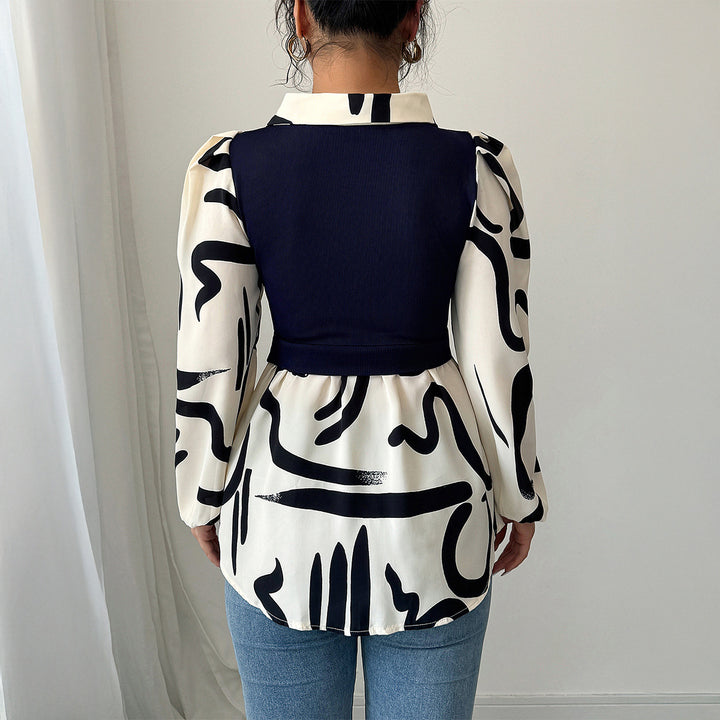 Dame designer-bluse med voluminøse ærmer og moderne mønster Stilla