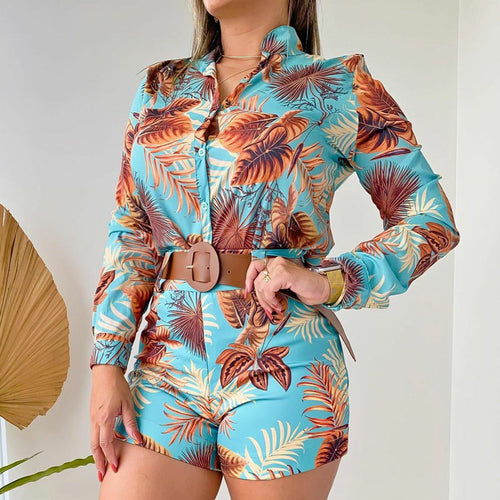 Dame Legende Bluse- og Shorts-sæt med blomstret design og talje bælte Stilla