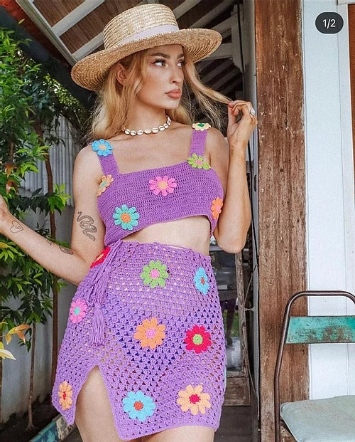Dame Trendy Hækle Sæt med blomsterdesign Skovae